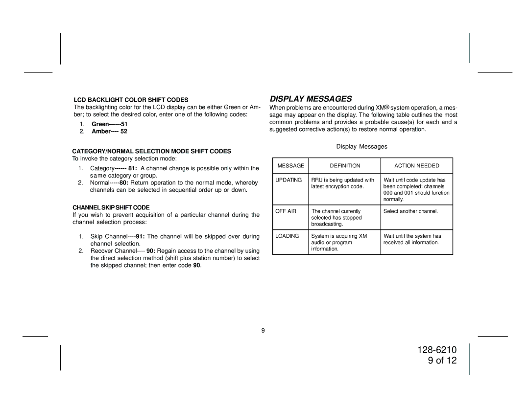 XM Satellite Radio SRXM-001 manual Display Messages, LCD Backlight Color Shift Codes, Channel Skip Shift Code 