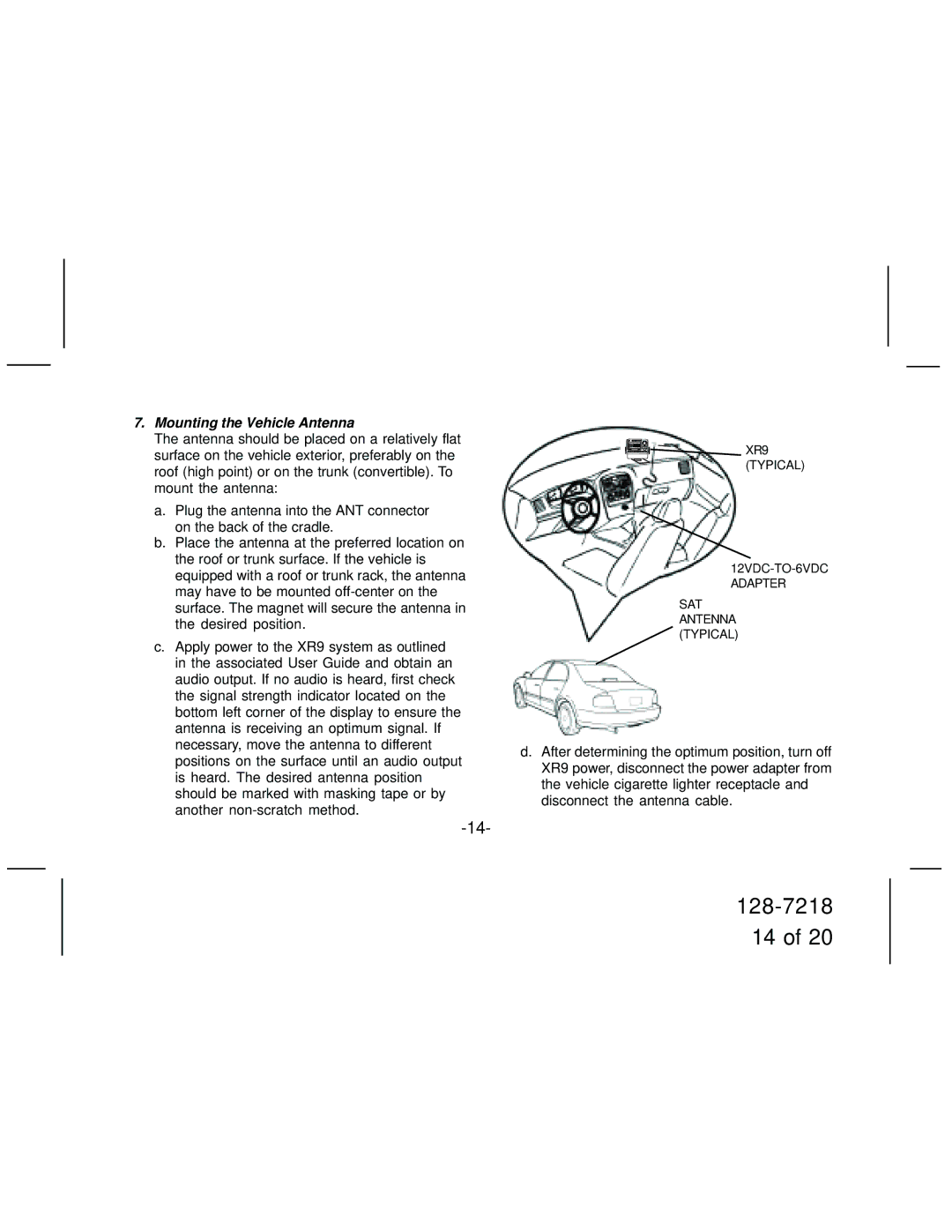 XM Satellite Radio XC9 manual Mounting the Vehicle Antenna 