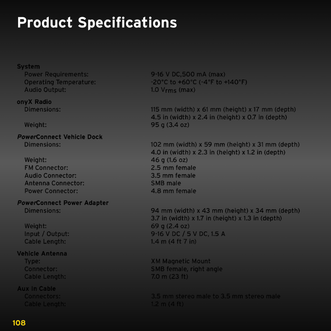 XM Satellite Radio XDNX1V1, XDNX1UG manual Product Specifications, System 