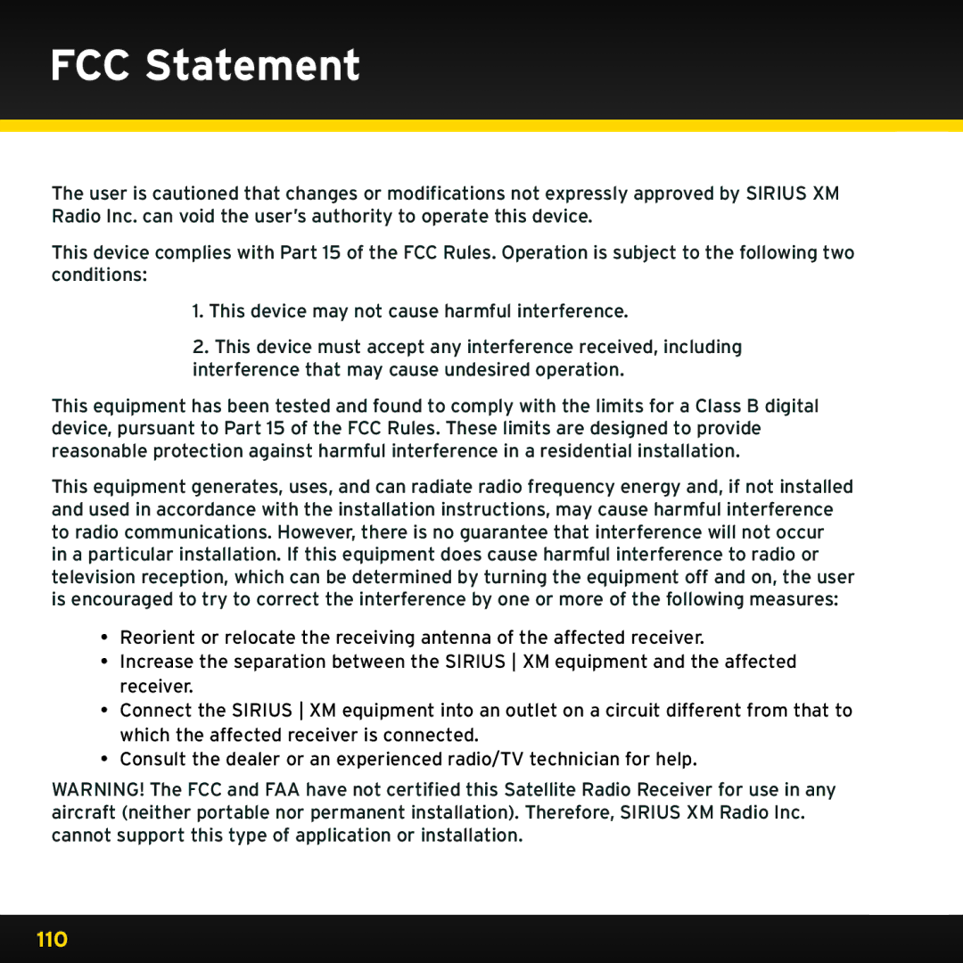 XM Satellite Radio XDNX1V1, XDNX1UG manual FCC Statement 