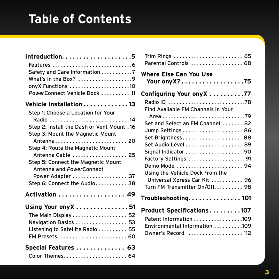 XM Satellite Radio XDNX1V1, XDNX1UG manual Table of Contents 