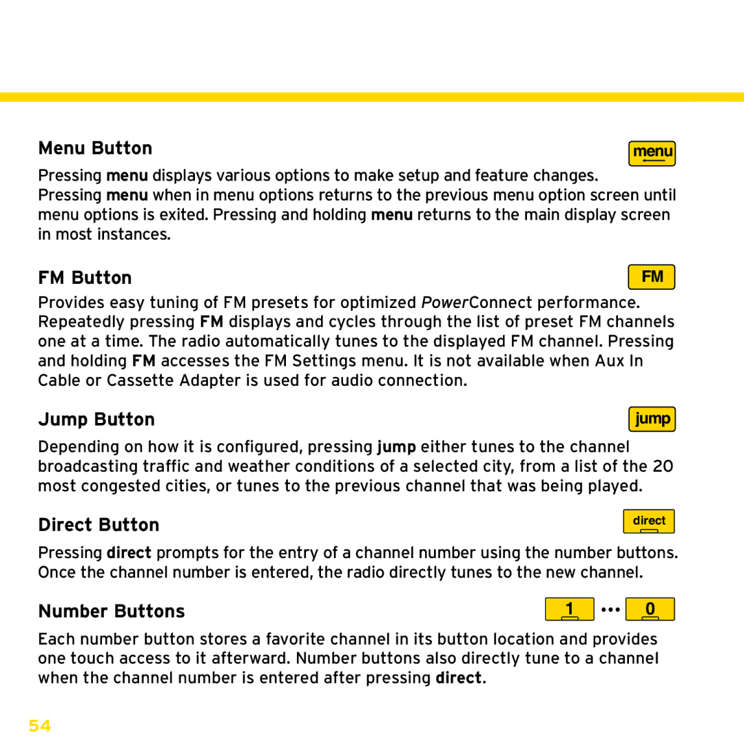 XM Satellite Radio XDNX1V1, XDNX1UG manual Menu Button, FM Button, Jump Button, Direct Button, Number Buttons 