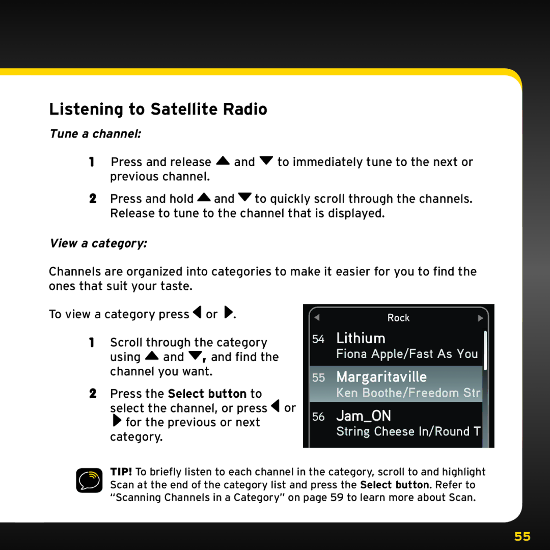 XM Satellite Radio XDNX1UG, XDNX1V1 manual Listening to Satellite Radio, Tune a channel, View a category 