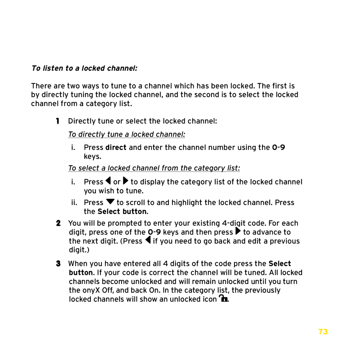 XM Satellite Radio XDNX1UG, XDNX1V1 manual To listen to a locked channel, To select a locked channel from the category list 