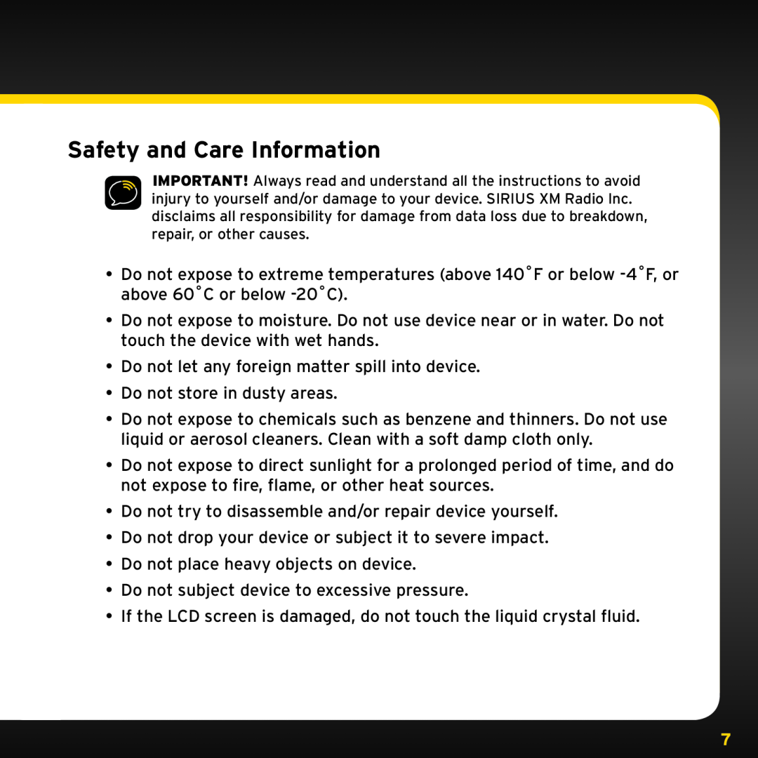 XM Satellite Radio XDNX1UG, XDNX1V1 manual Safety and Care Information 