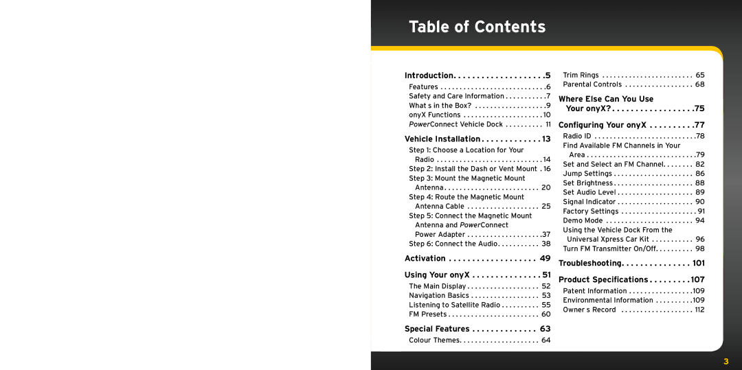 XM Satellite Radio XDNX1V1KC manual Table of Contents 