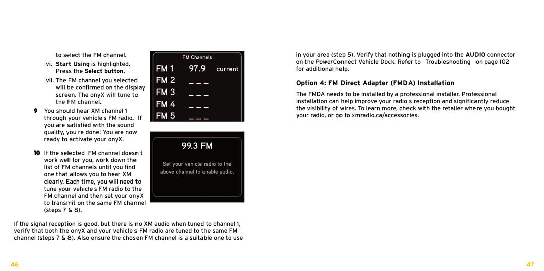 XM Satellite Radio XDNX1V1KC manual 99.3 FM, Option 4 FM Direct Adapter Fmda Installation 