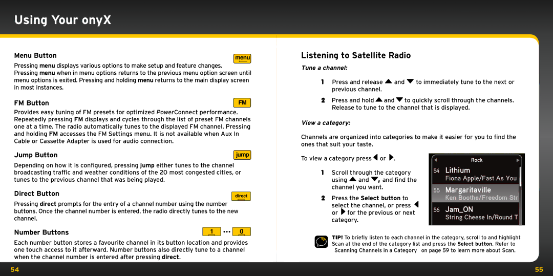 XM Satellite Radio XDNX1V1KC manual Listening to Satellite Radio, Tune a channel, View a category 