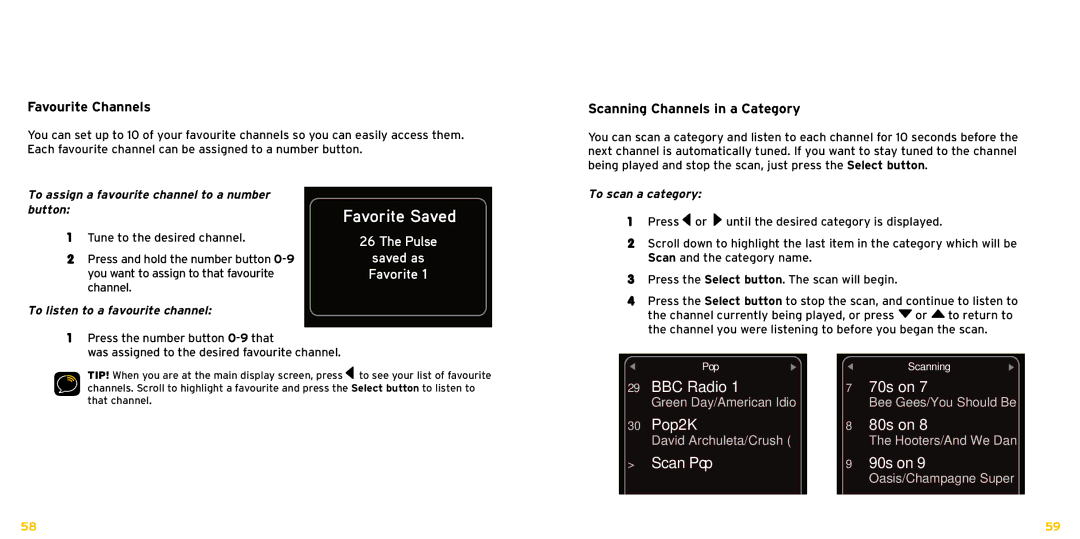 XM Satellite Radio XDNX1V1KC manual Favorite Saved, Favourite Channels, Scanning Channels in a Category 