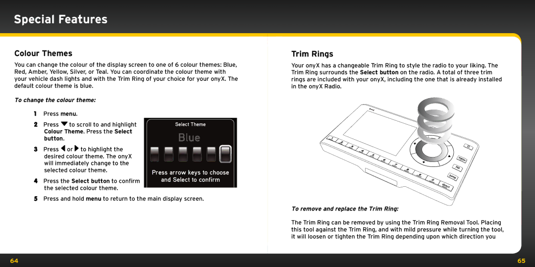 XM Satellite Radio XDNX1V1KC manual Special Features, Colour Themes, Trim Rings, To change the colour theme 