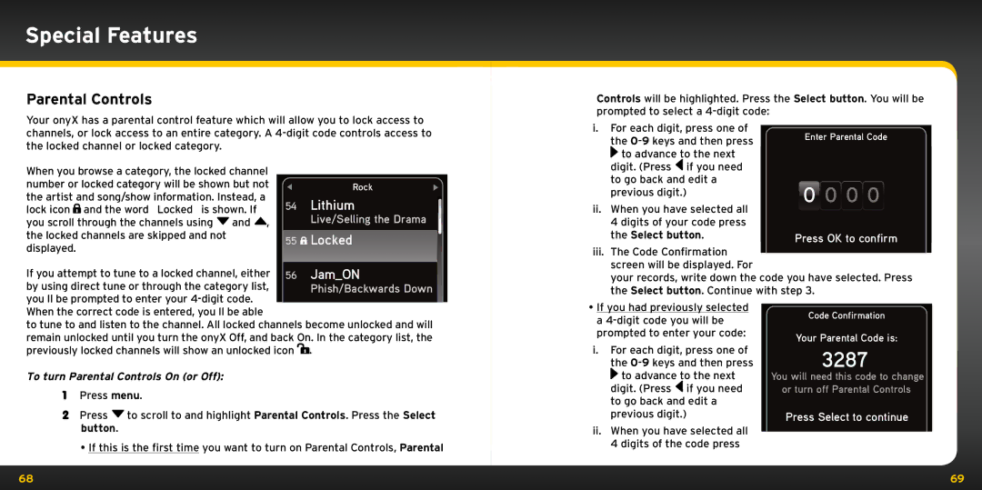 XM Satellite Radio XDNX1V1KC manual 3287, To turn Parental Controls On or Off 