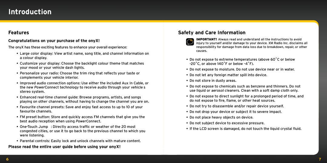 XM Satellite Radio XDNX1V1KC manual Introduction, Features, Safety and Care Information 