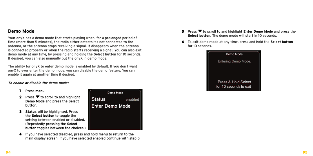 XM Satellite Radio XDNX1V1KC manual Status enabled Enter Demo Mode, To enable or disable the demo mode 