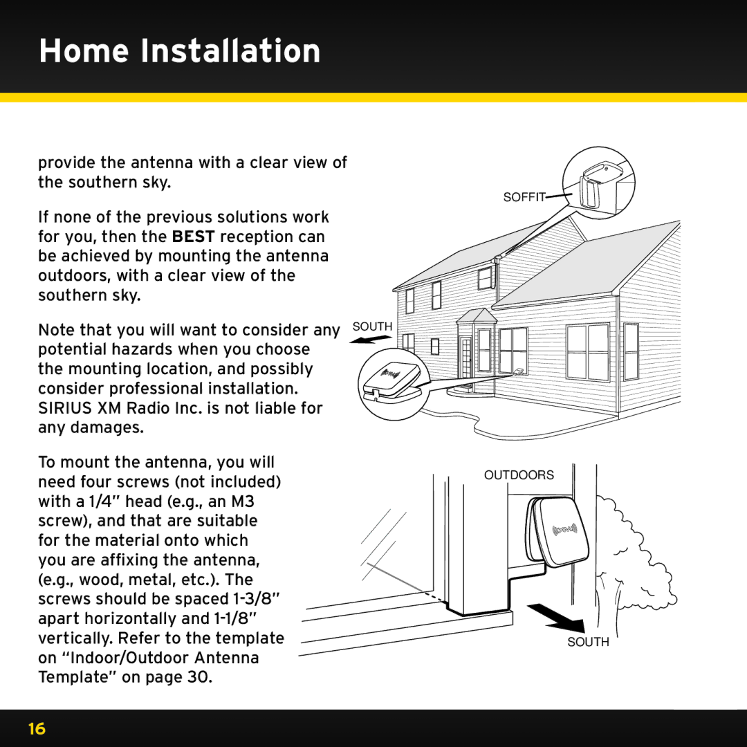 XM Satellite Radio XHD2KUG0809, XHD2H1 manual Soffit Outdoors South 