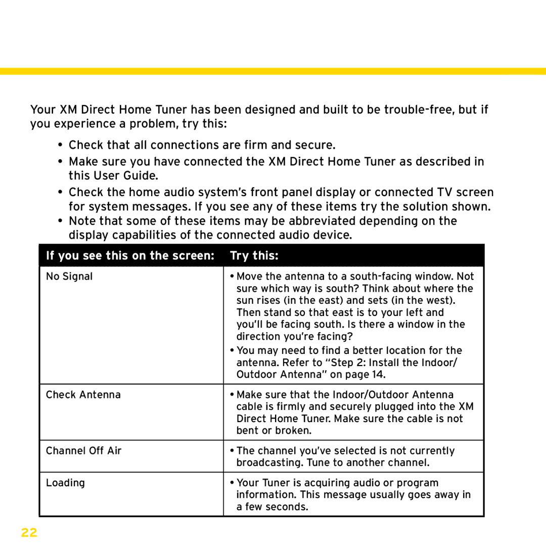 XM Satellite Radio XHD2KUG0809, XHD2H1 manual Troubleshooting, If you see this on the screen Try this 