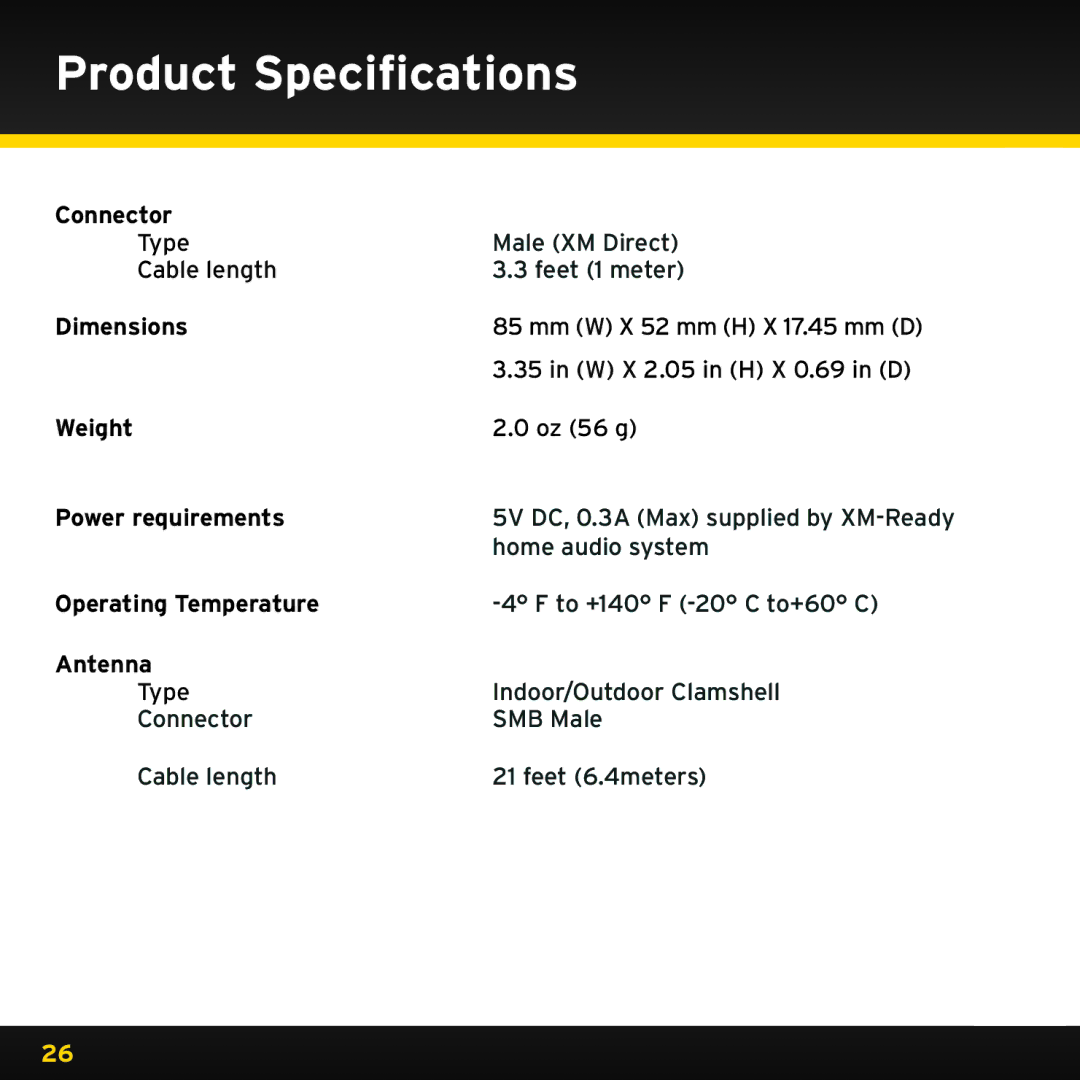 XM Satellite Radio XHD2KUG0809, XHD2H1 manual Product Specifications 