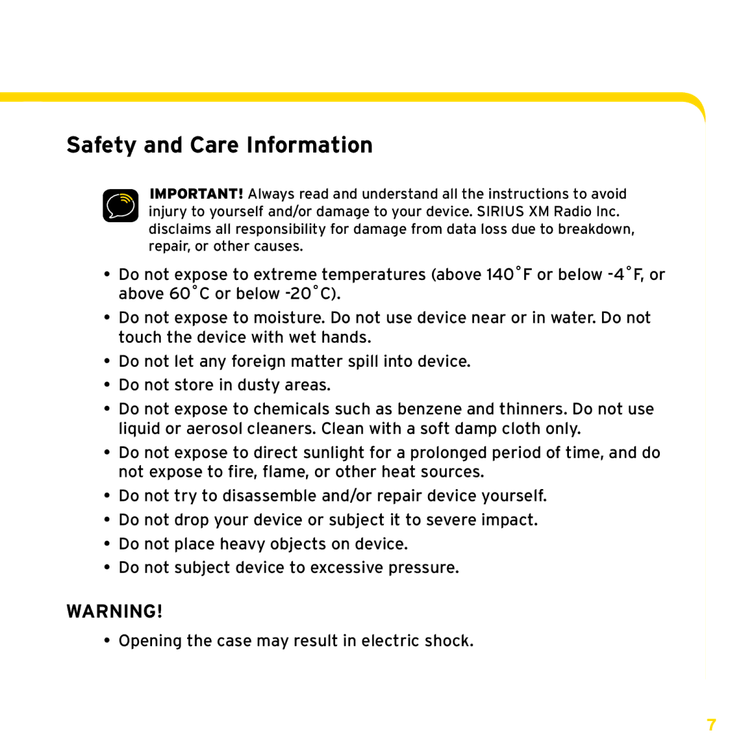 XM Satellite Radio XHD2H1, XHD2KUG0809 manual Safety and Care Information 