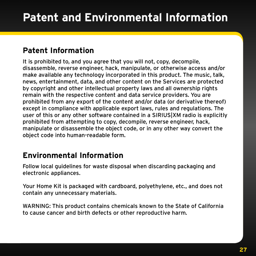 XM Satellite Radio XHD2H1, XHD2KUG0809 manual Patent and Environmental Information, Patent Information 
