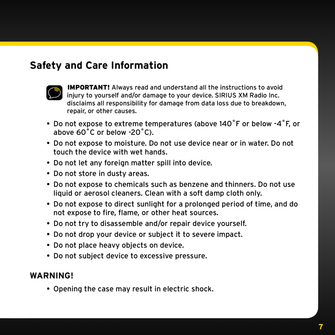 XM Satellite Radio XHD2H1, XHD2KUG0809 manual Safety and Care Information 