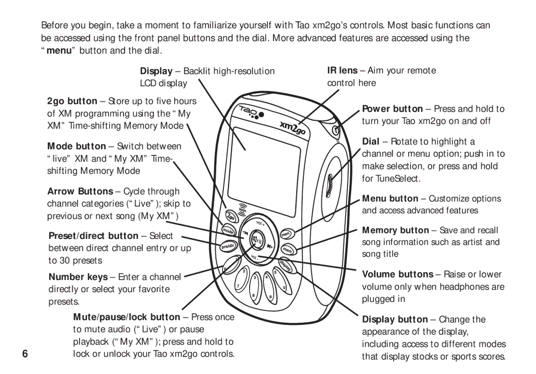 XM Satellite Radio xm2go manual To mute audio Live or pause 