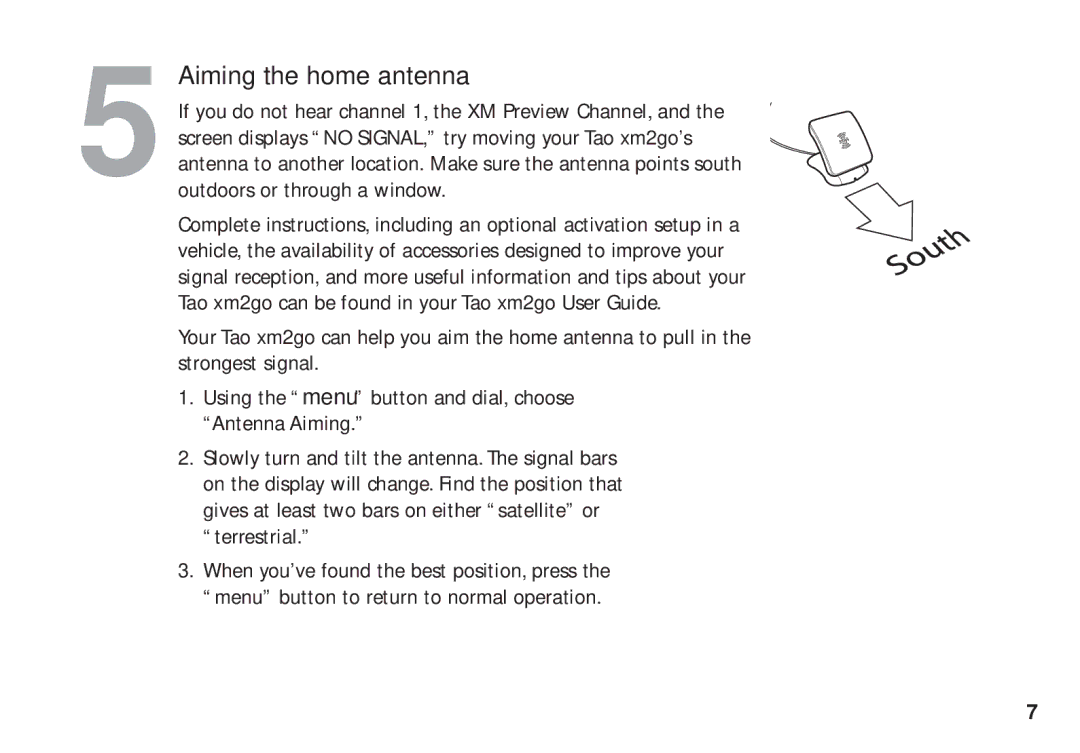 XM Satellite Radio xm2go manual 5Aiming the home antenna 