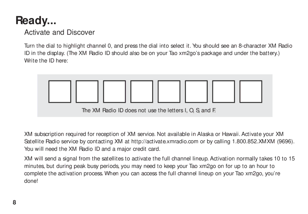 XM Satellite Radio xm2go manual Ready, Activate and Discover 