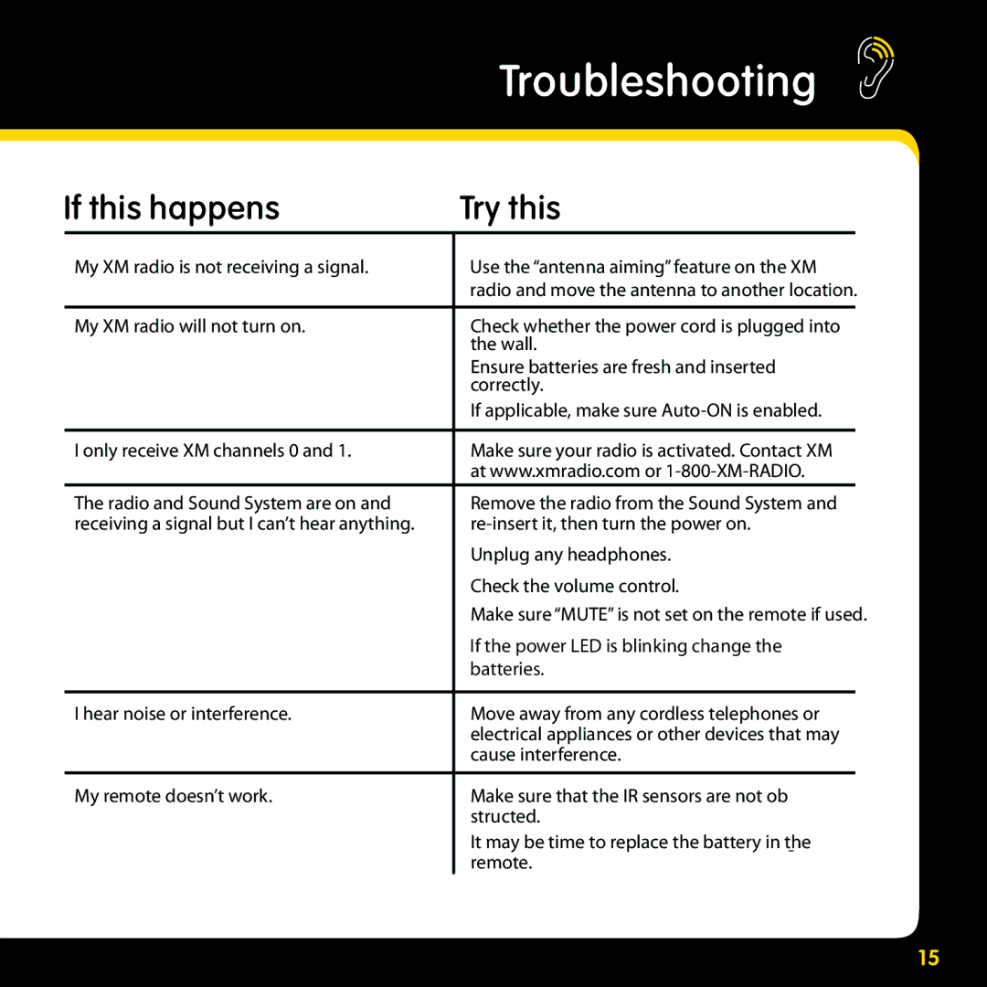 XM Satellite Radio XMBB1 manual Troubleshooting, If this happens Try this 