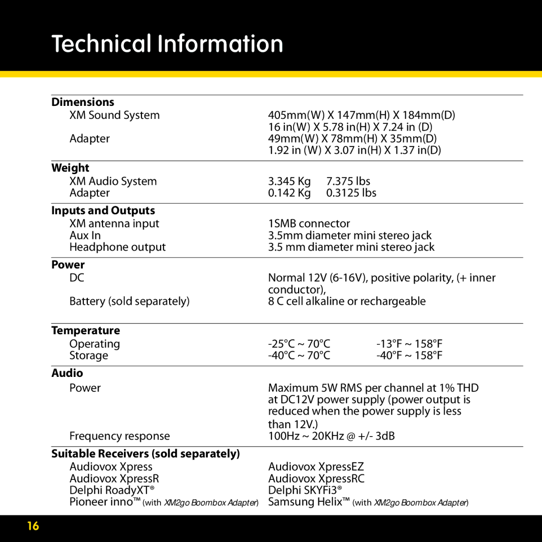 XM Satellite Radio XMBB1 manual Technical Information, Dimensions 