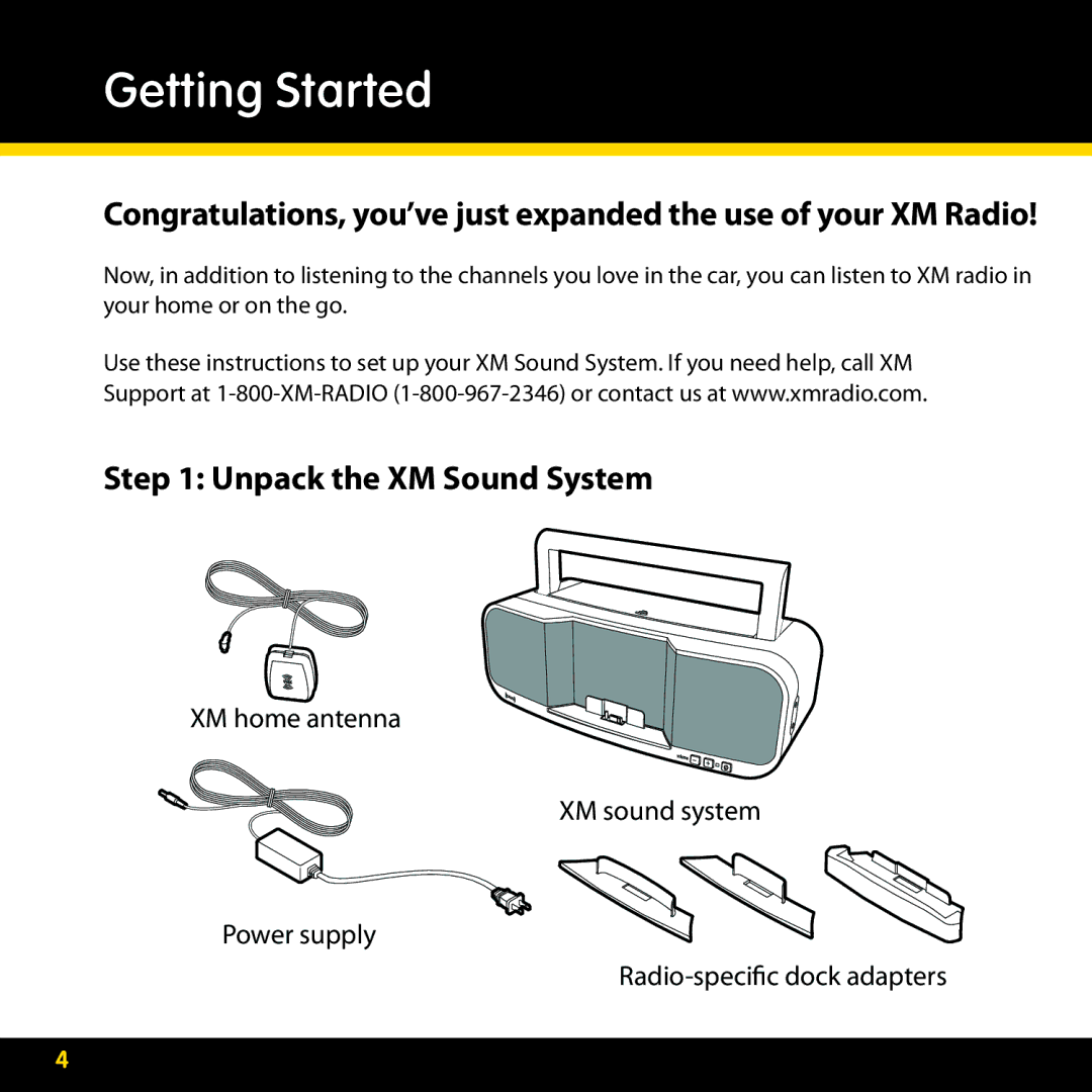 XM Satellite Radio XMBB1 manual Getting Started, Unpack the XM Sound System 