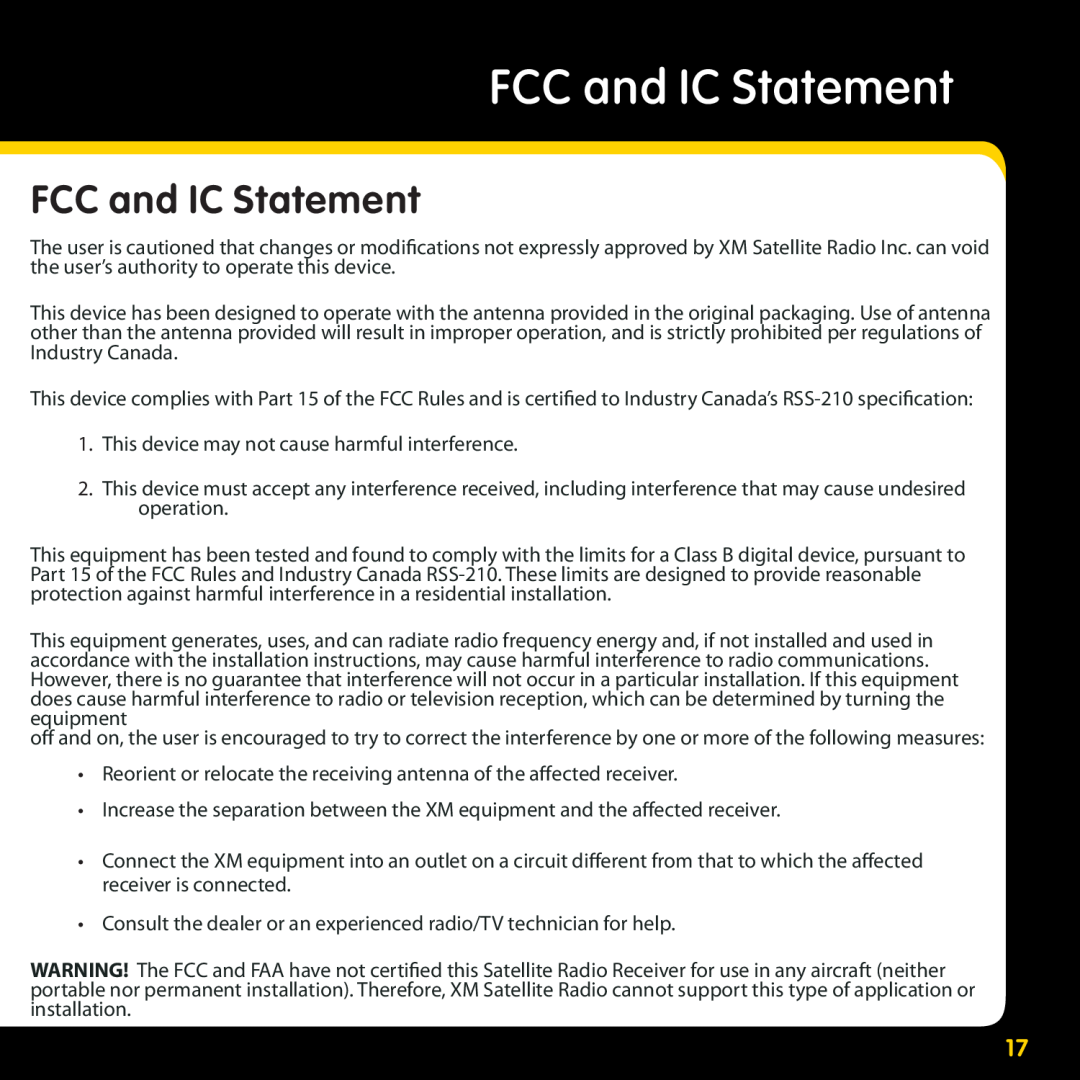 XM Satellite Radio XMBB1 manual FCC and IC Statement 