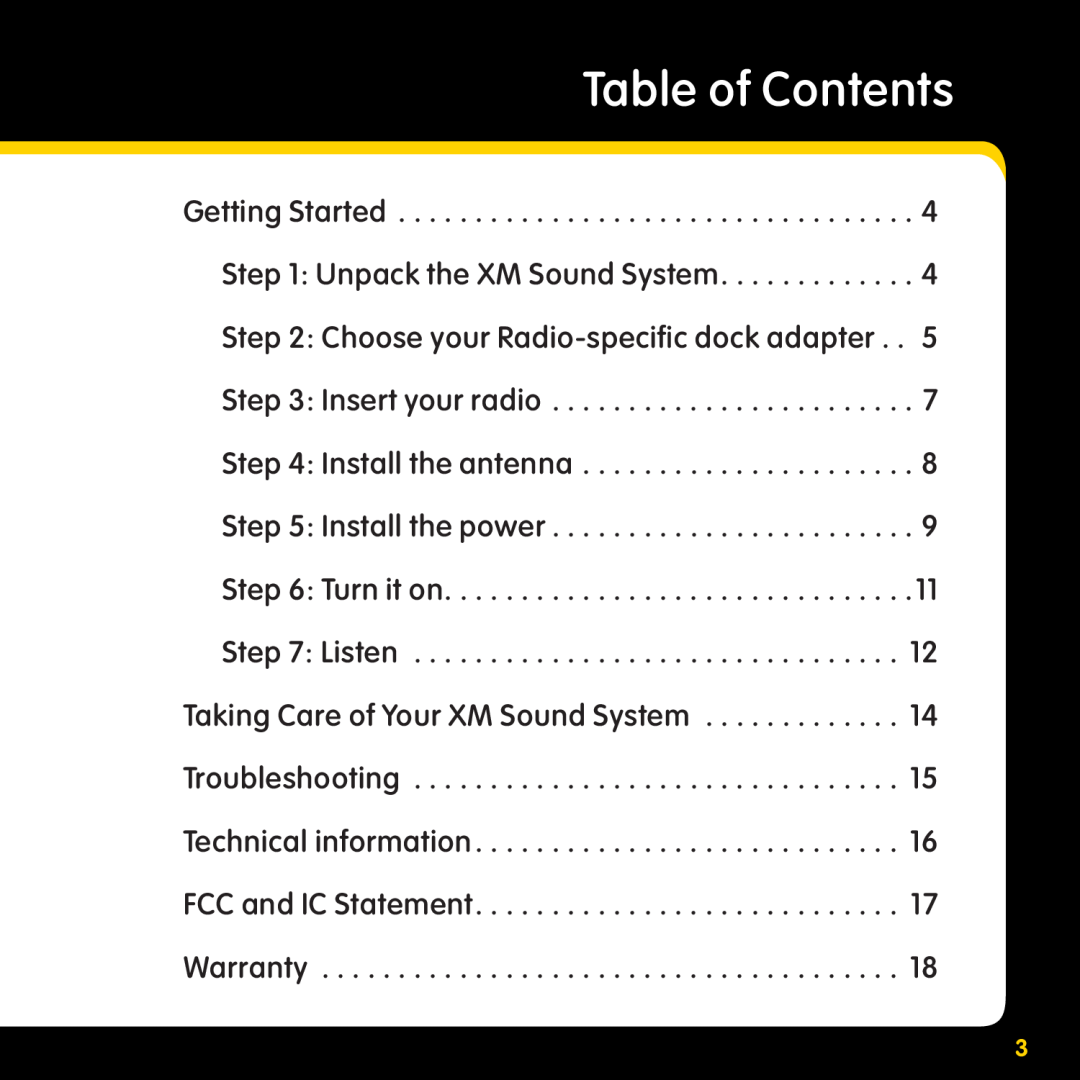 XM Satellite Radio XMBB1 manual Table of Contents 