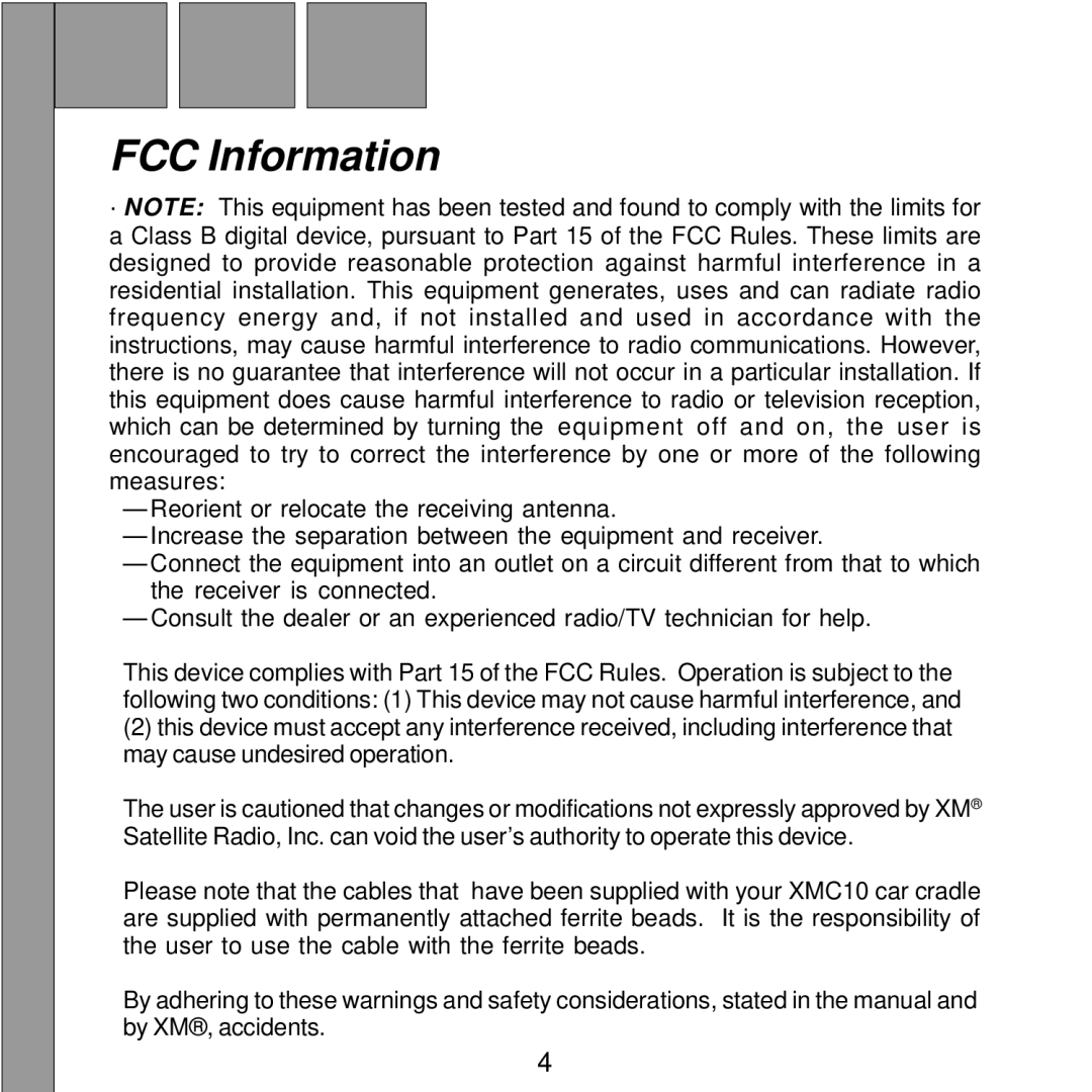 XM Satellite Radio XMC10 manual FCC Information 