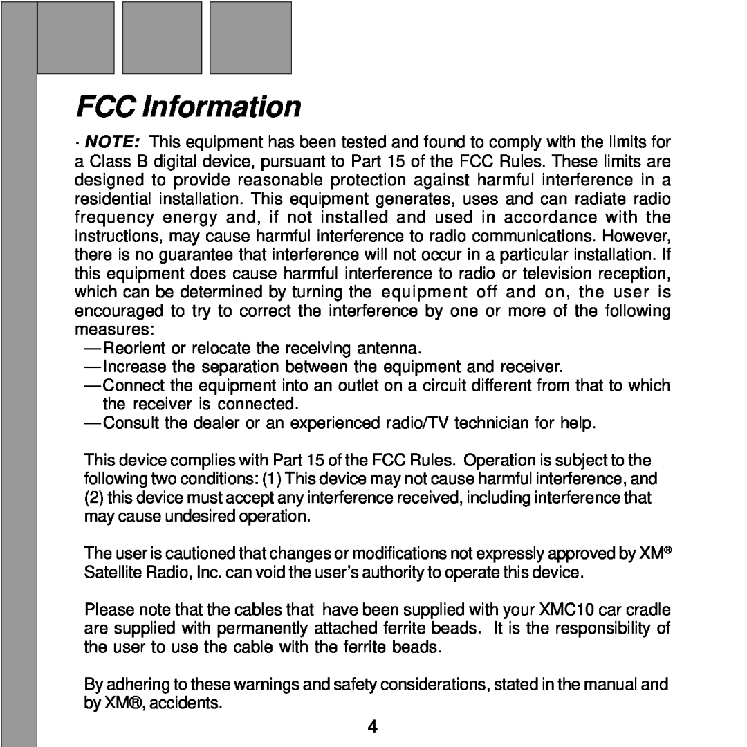 XM Satellite Radio XMC10 manual FCC Information 