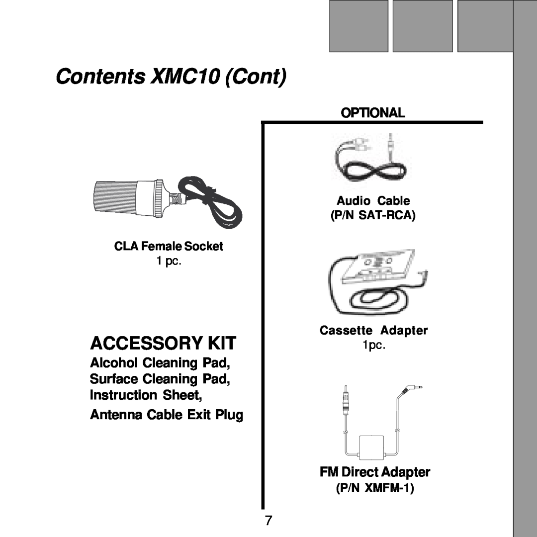 XM Satellite Radio manual Contents XMC10 Cont, Optional, Alcohol Cleaning Pad Surface Cleaning Pad, FM Direct Adapter 
