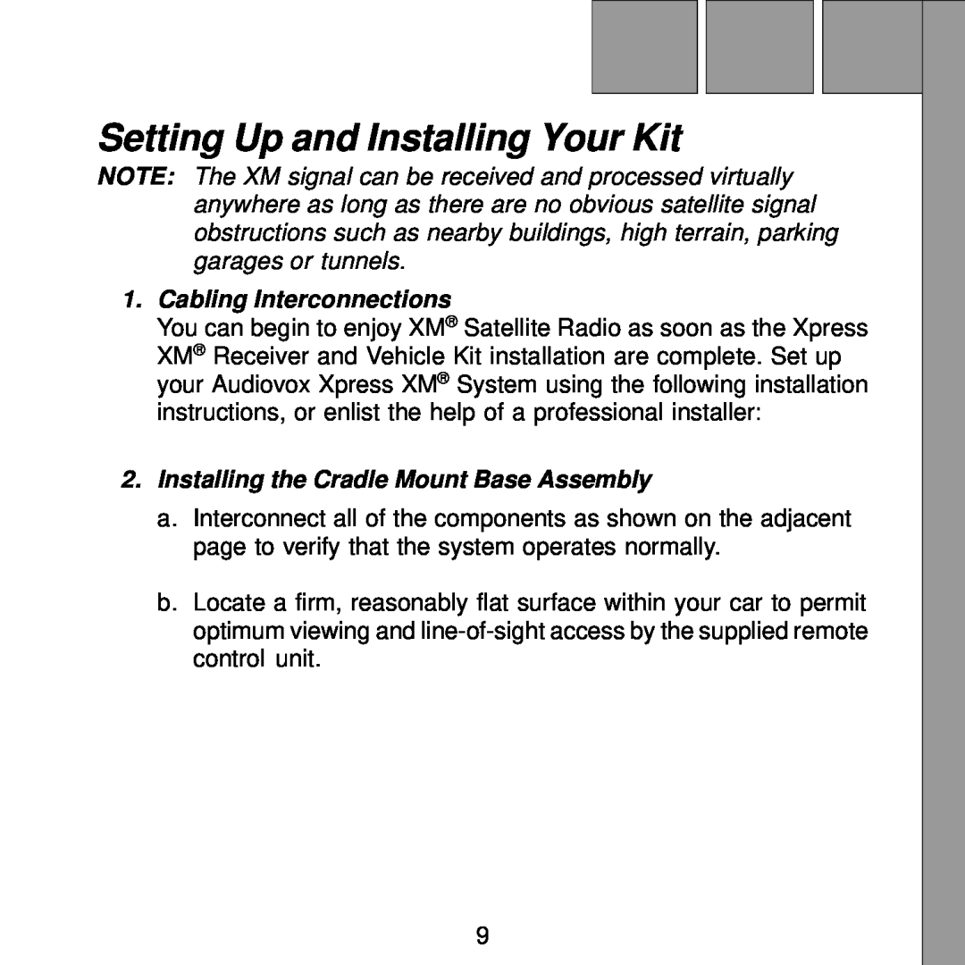 XM Satellite Radio XMC10 manual Setting Up and Installing Your Kit, Cabling Interconnections 