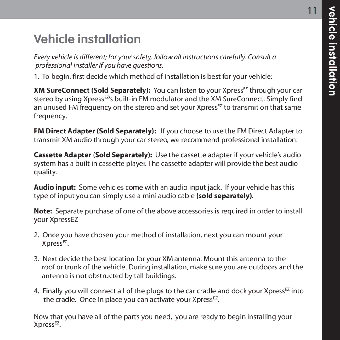 XM Satellite Radio XMCK-5P manual Vehicle installation 