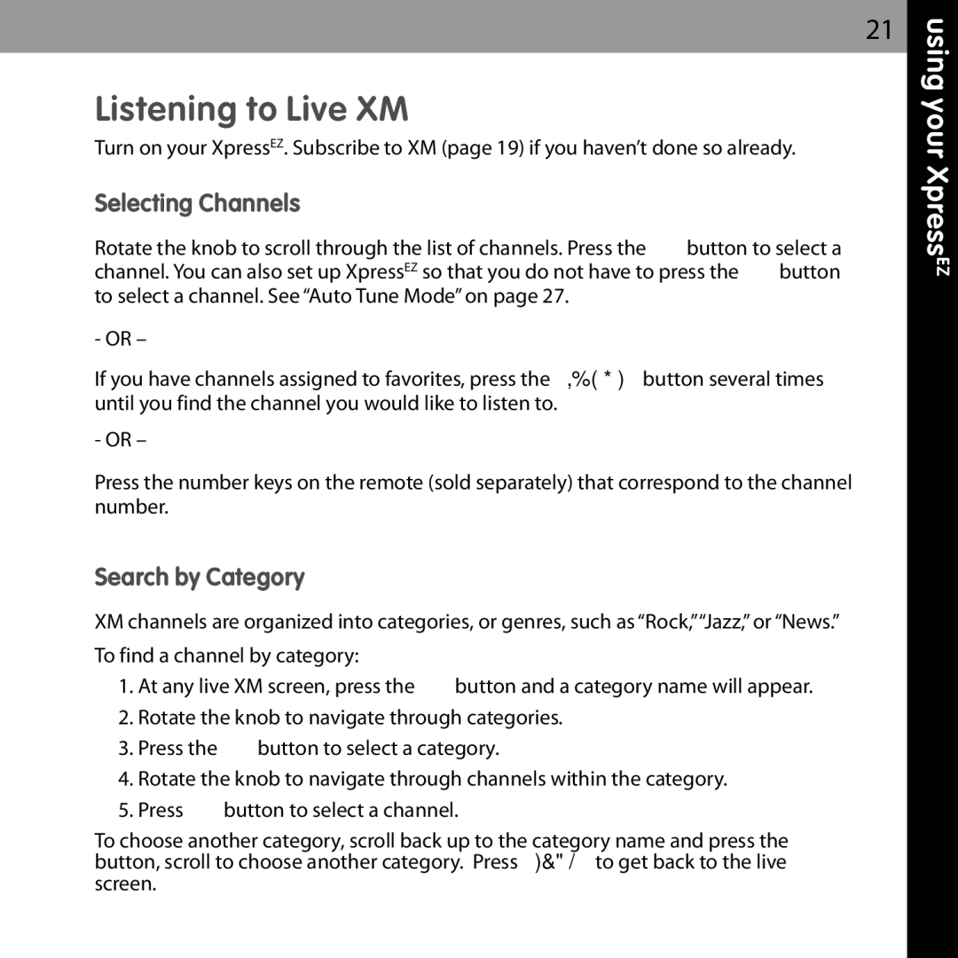 XM Satellite Radio XMCK-5P manual Listening to Live XM, Selecting Channels, Search by Category 