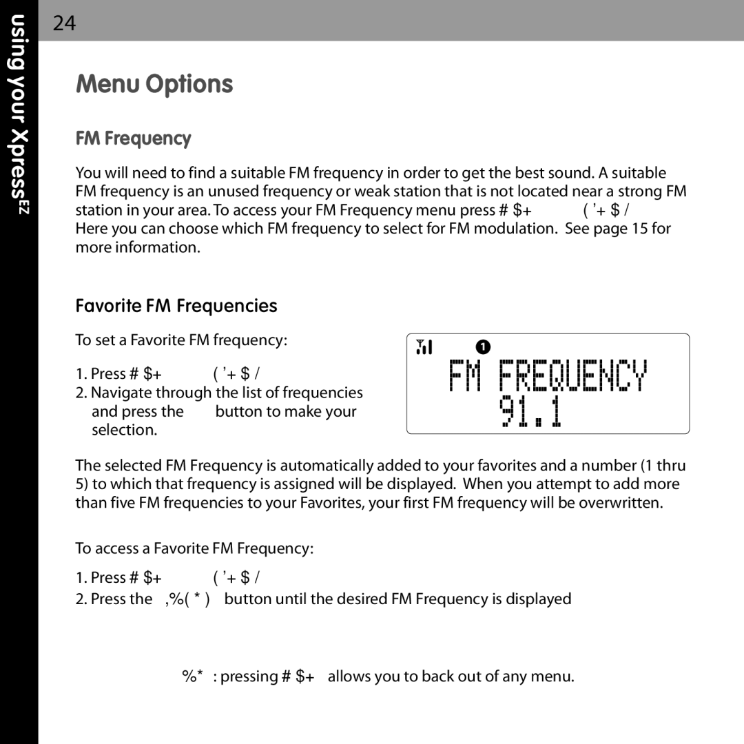 XM Satellite Radio XMCK-5P manual Menu Options, FM Frequency 