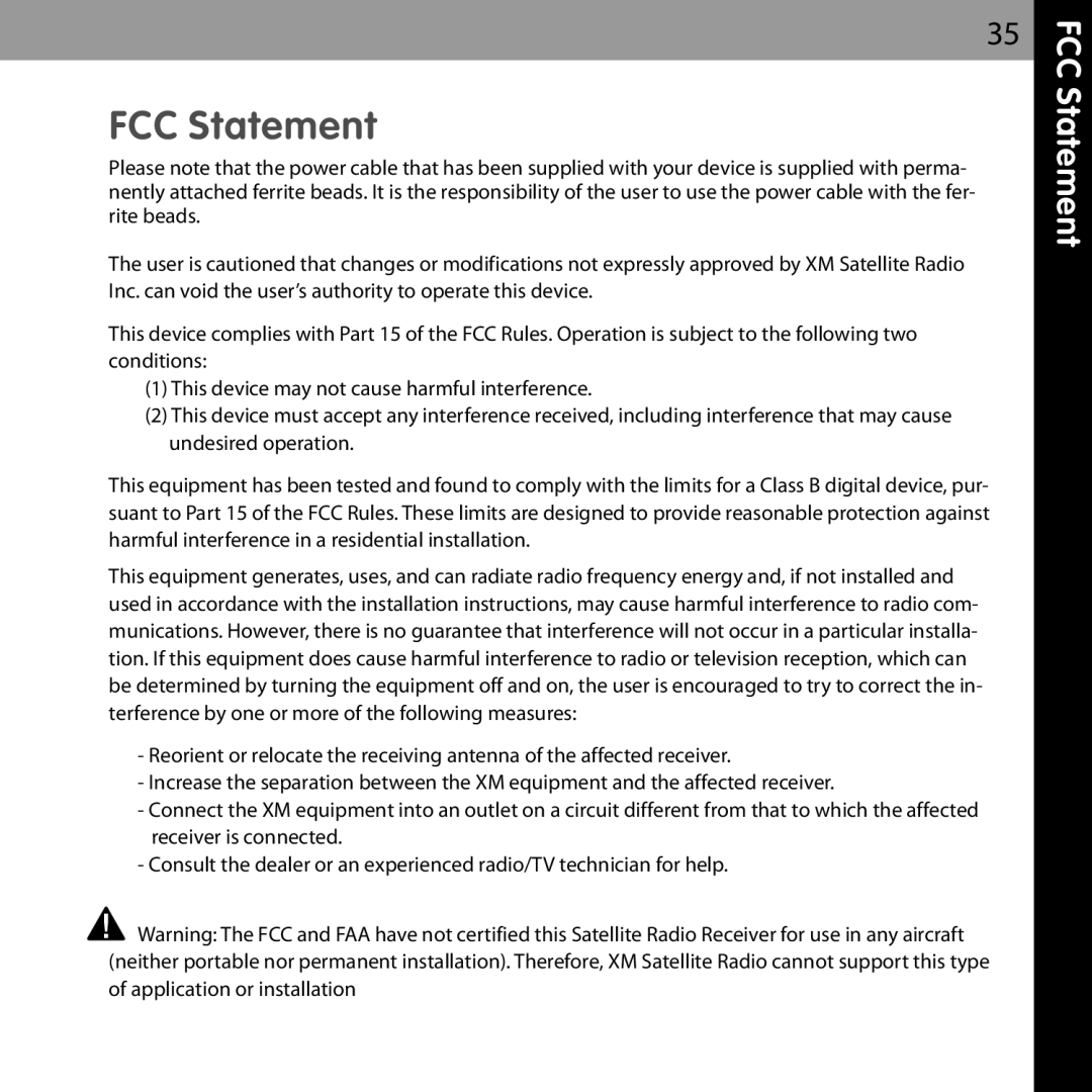 XM Satellite Radio XMCK-5P manual FCC Statement 