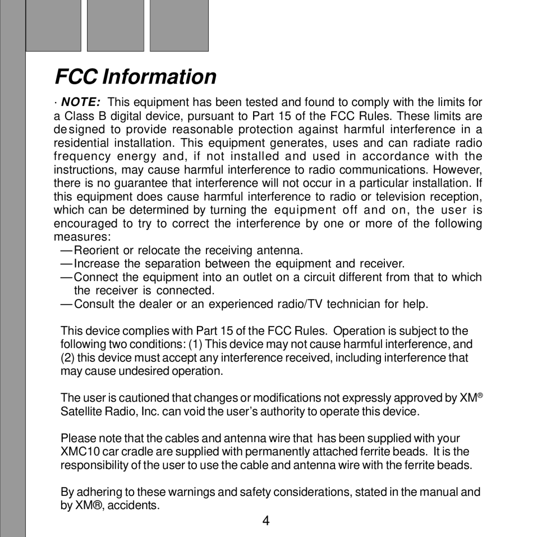 XM Satellite Radio XMH10 manual FCC Information 