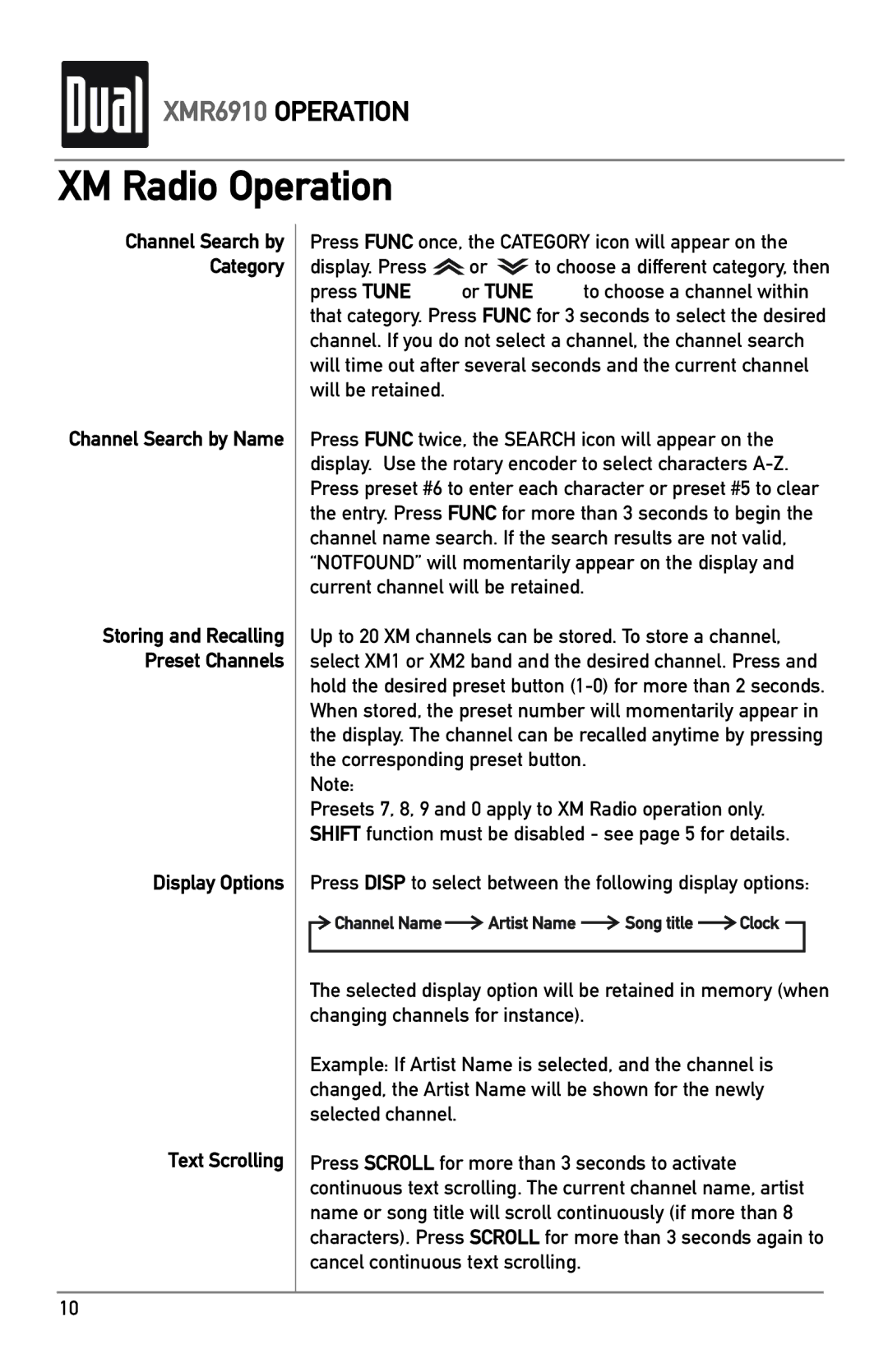 XM Satellite Radio XMR6910 owner manual Channel Search by Category Channel Search by Name, Display Options Text Scrolling 