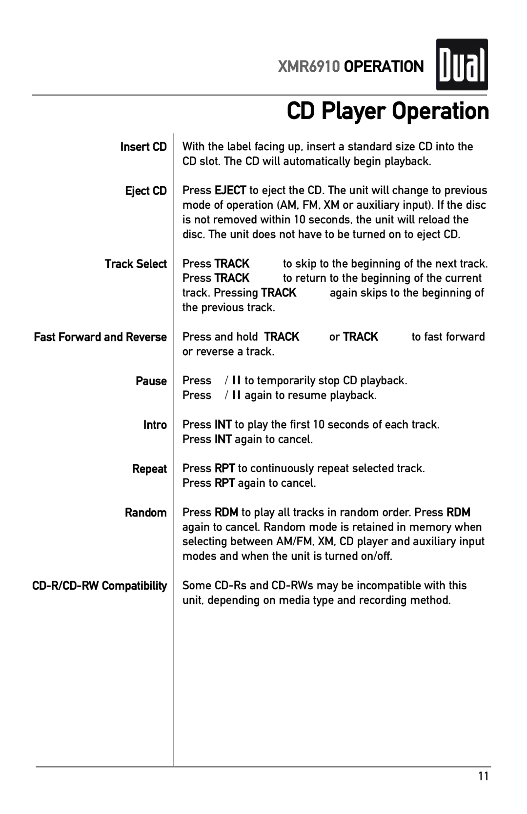 XM Satellite Radio XMR6910 owner manual CD Player Operation 