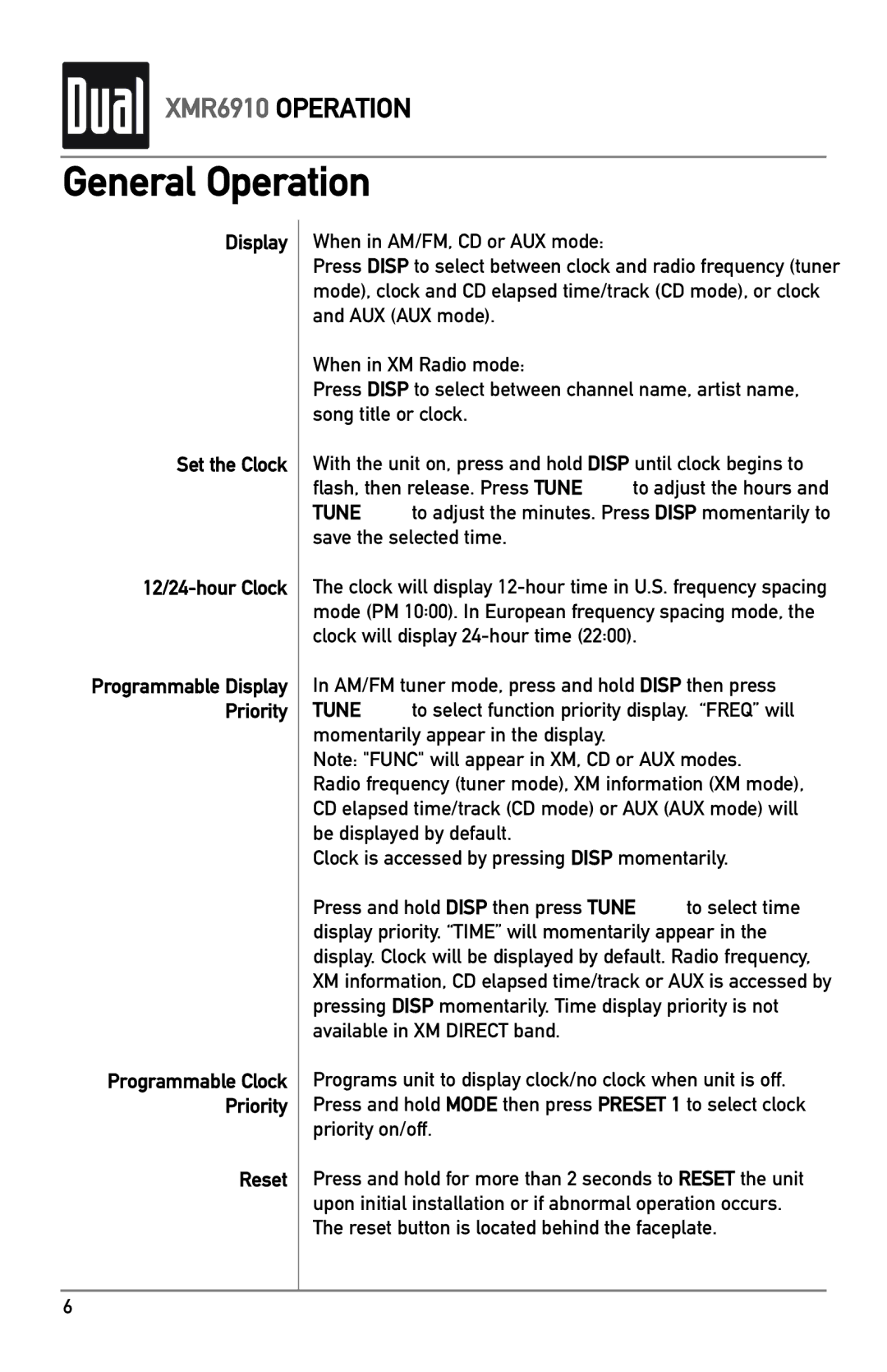 XM Satellite Radio XMR6910 owner manual Display Set the Clock 12/24-hour Clock, Reset 