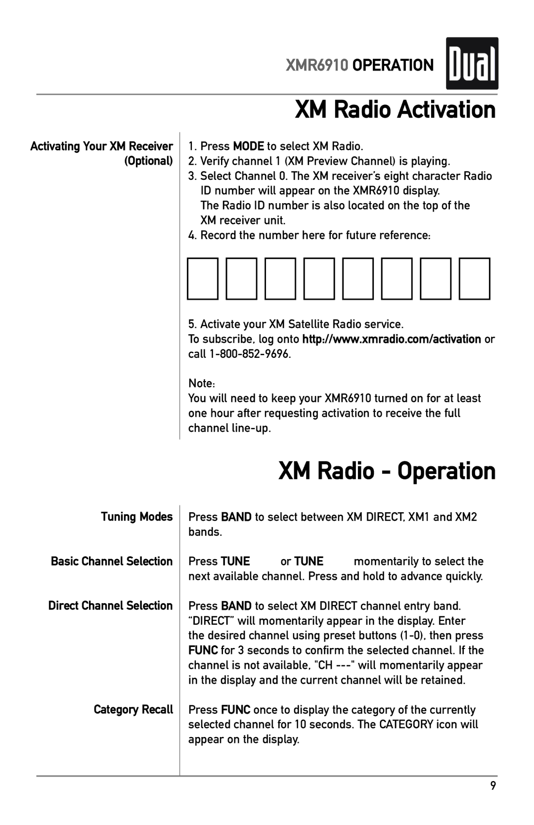 XM Satellite Radio XMR6910 owner manual XM Radio Activation, XM Radio Operation, Tuning Modes, Category Recall 