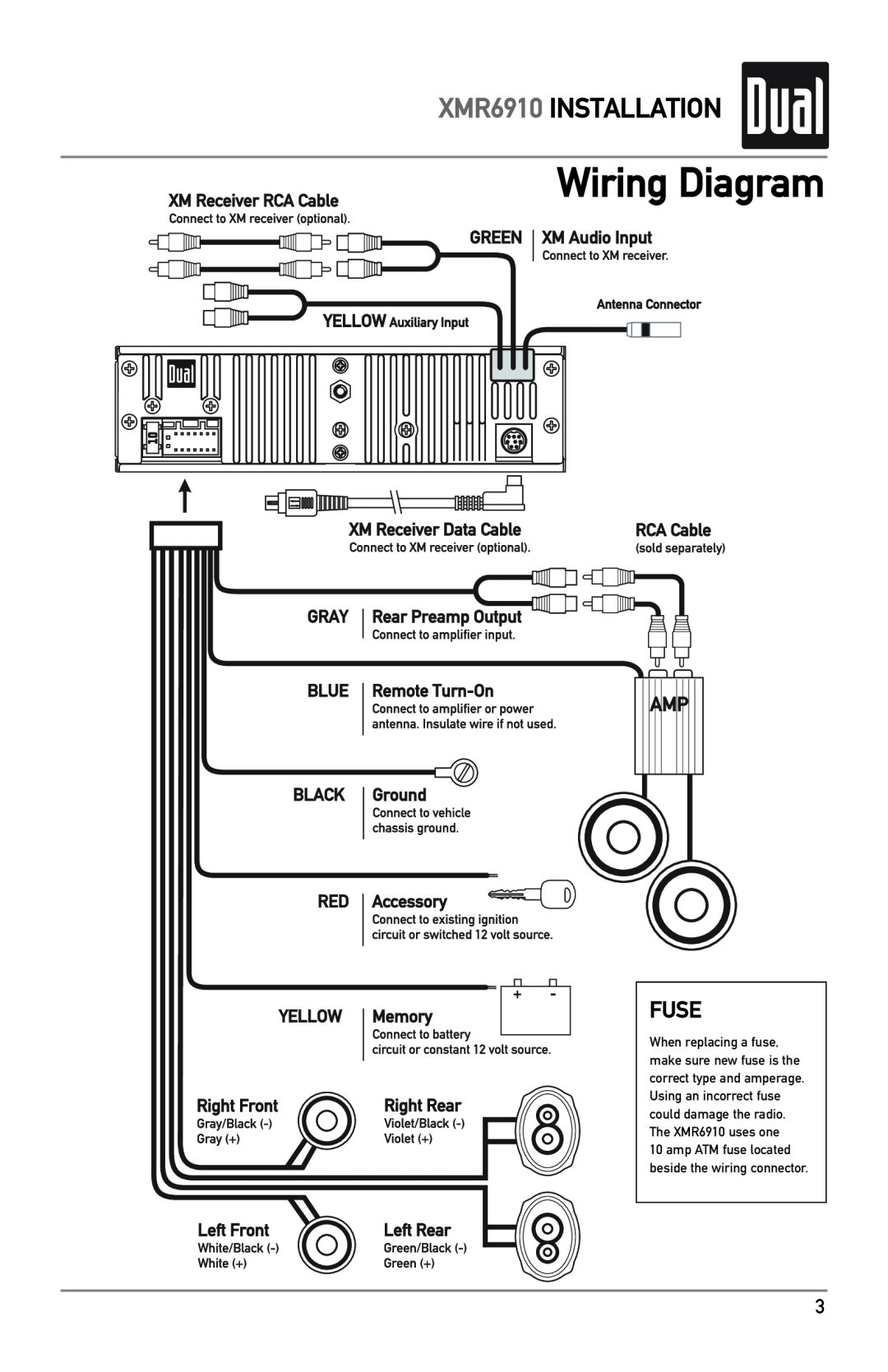 XM Satellite Radio owner manual Wiring Diagram, Fuse, XMR6910 INSTALLATION 