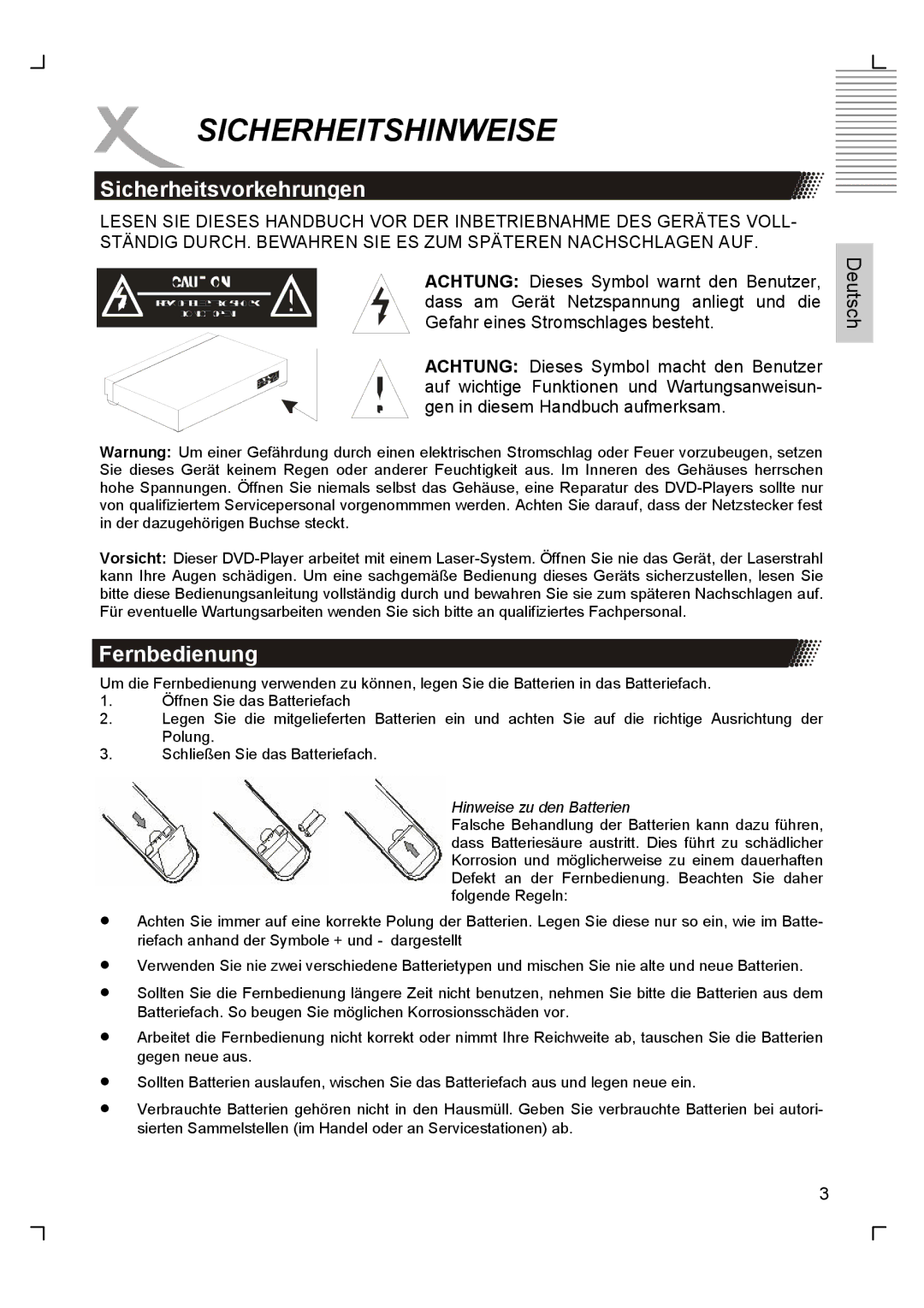 Xoro HSD 2200 manual Sicherheitshinweise, Sicherheitsvorkehrungen, Fernbedienung 