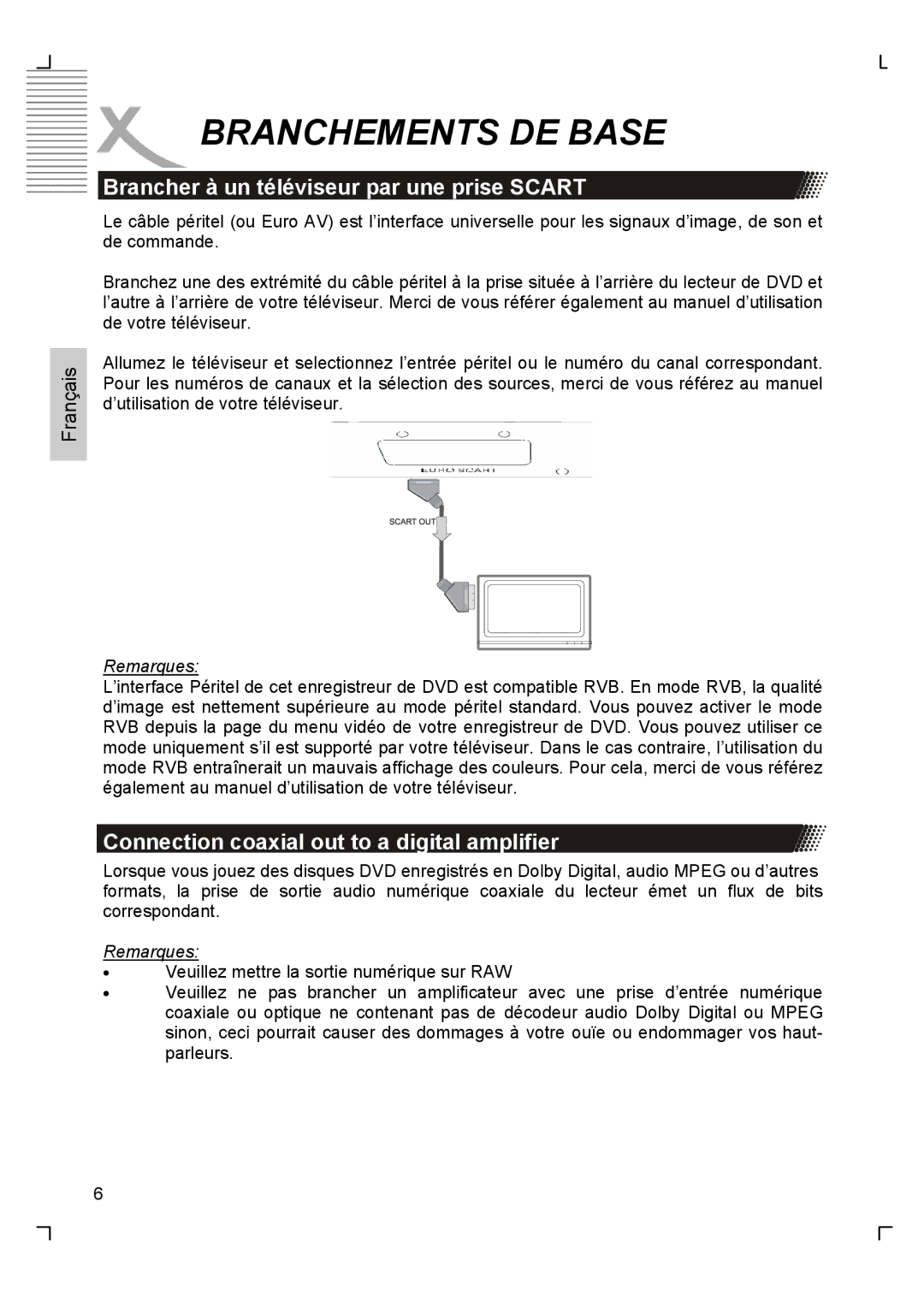 Xoro HSD 2200 manual Brancher à un téléviseur par une prise Scart, Connection coaxial out to a digital amplifier 