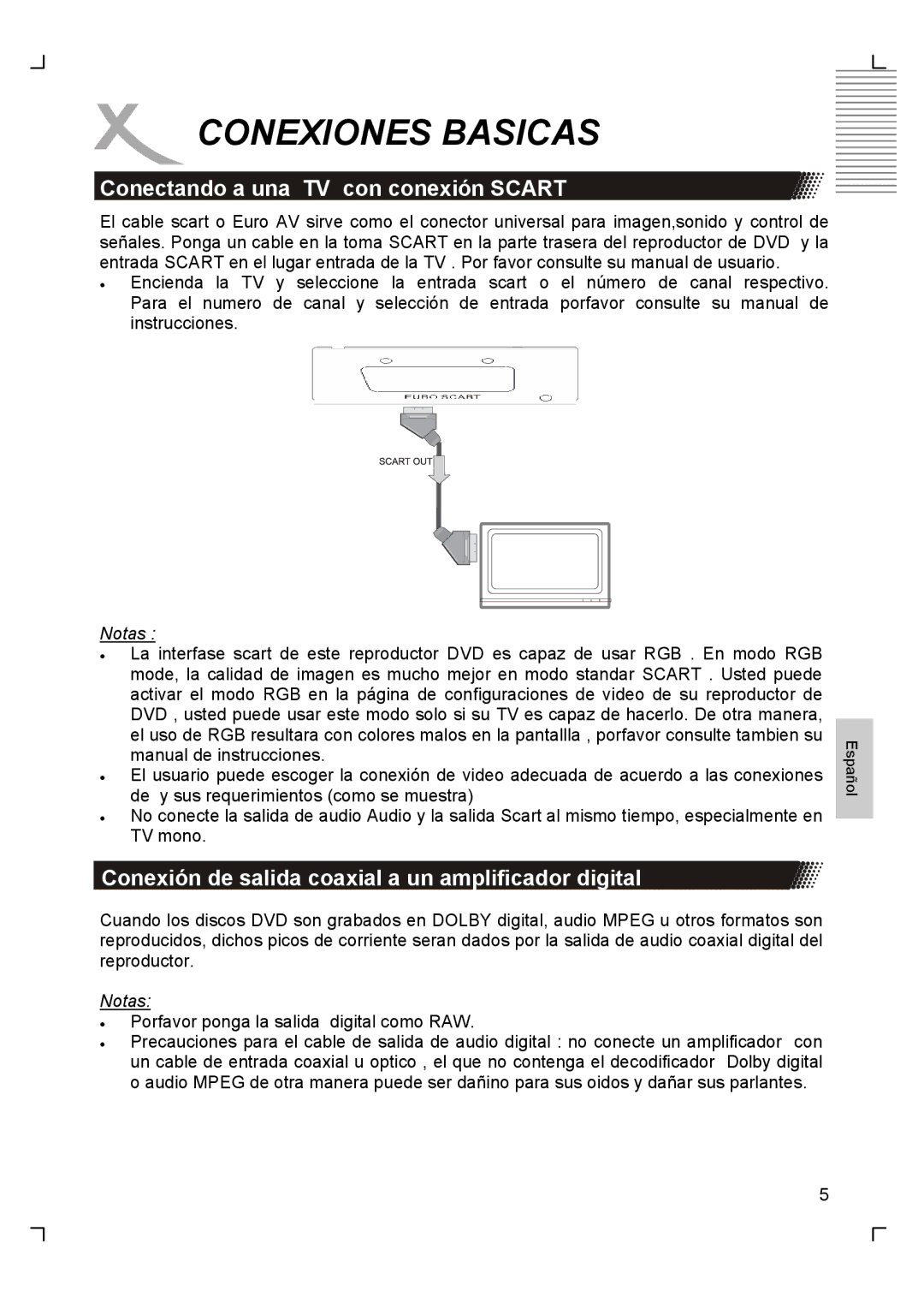 Xoro HSD 2200 manual Conectando a una TV con conexión Scart, Conexión de salida coaxial a un amplificador digital 