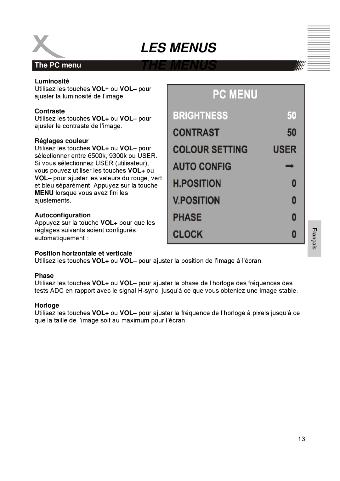 Xoro HTC1900D manual Réglages couleur, Autoconfiguration, Position horizontale et verticale, Horloge 