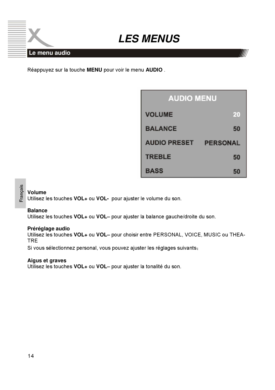 Xoro HTC1900D manual Le menu audio, Préréglage audio, Aigus et graves 